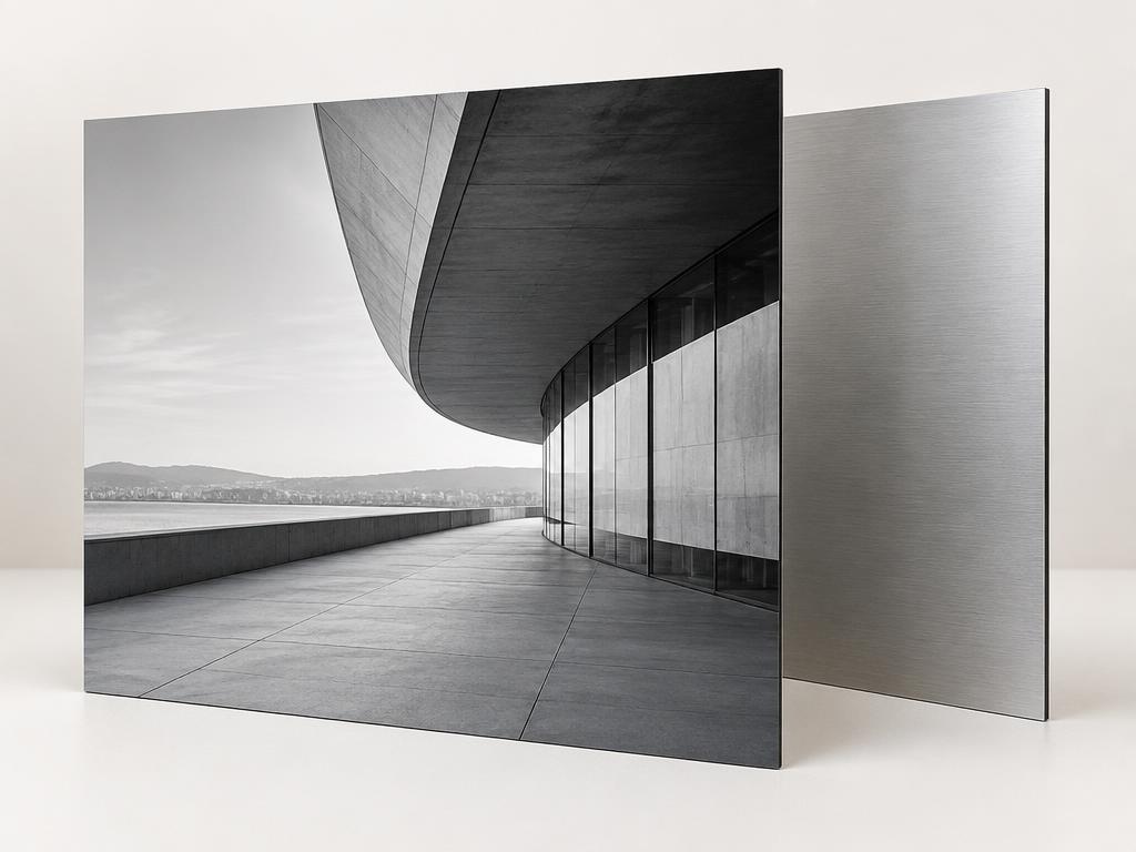 Panneau présentant une photographie d’architecture, accompagné d’un panneau à surface métallique